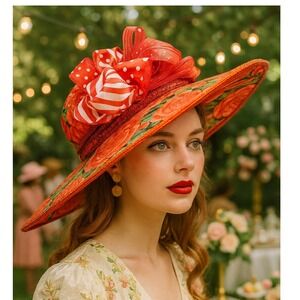 Floral Derby Hat Wide Brim Red Rose‎ Ribbon Accent Church Kentucky Derby